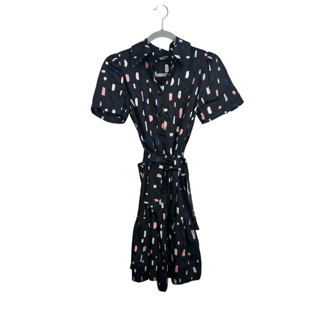 Kate Spade Shirtdress Women XS Black Multi Excellent Abstract Puff Sleeve Mini